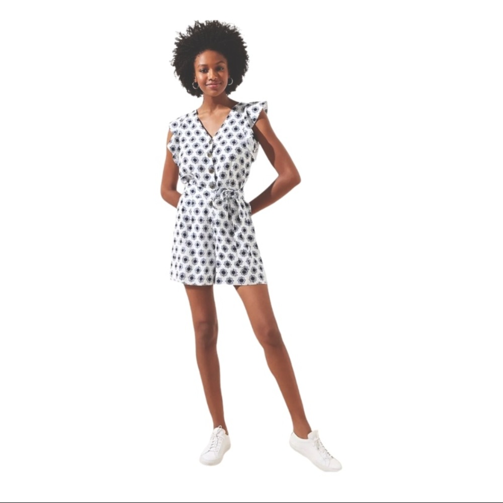 LOFT Linen Blend Romper Flutter Sleeve with Ikat Indigo White Floral Print